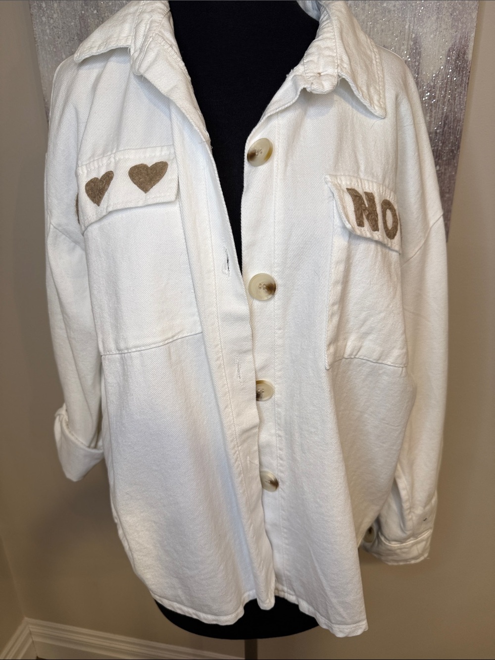 White Button-Up Jacket with Sherpa Heart/Smiley Details size small